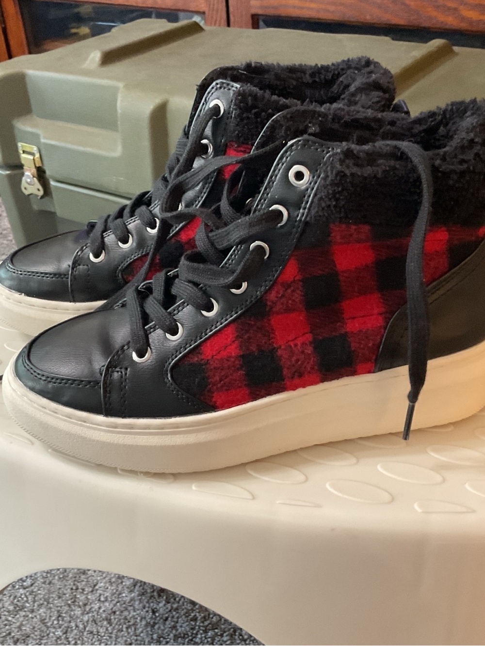Marc Fisher Black and Red Plaid High-Top Sneakers